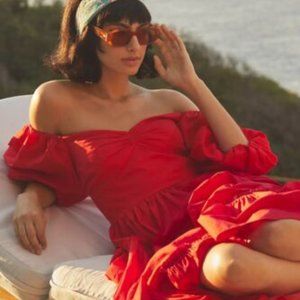 Red Anthropologie Off-The-Shoulder Midi Dress NWT